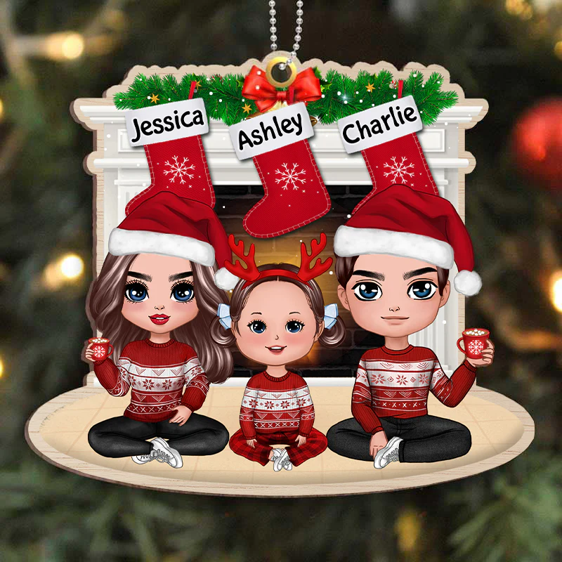 Doll Family Sitting At Fireplace Personalized Wooden Ornament - Image 3