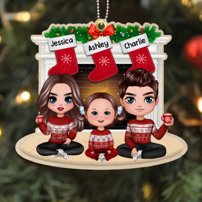 Doll Family Sitting At Fireplace Personalized Wooden Ornament - Image 4