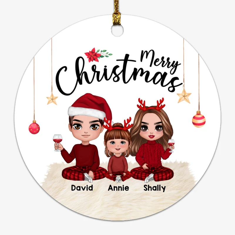 Doll Family Sitting Christmas Personalized Circle Ornament - Image 2