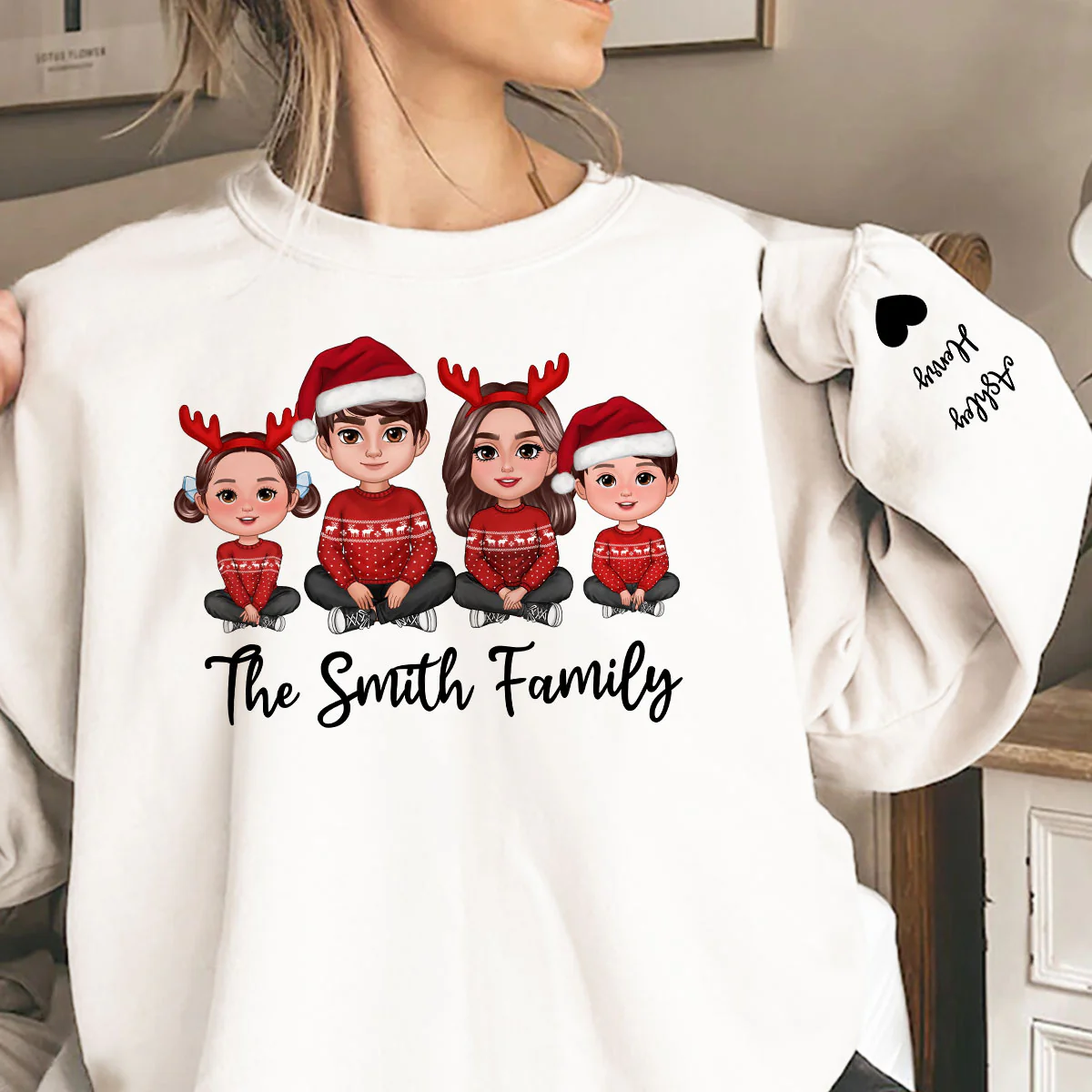 Doll Family Sitting Christmas Personalized Sleeve Printed Sweatshirt - Image 3