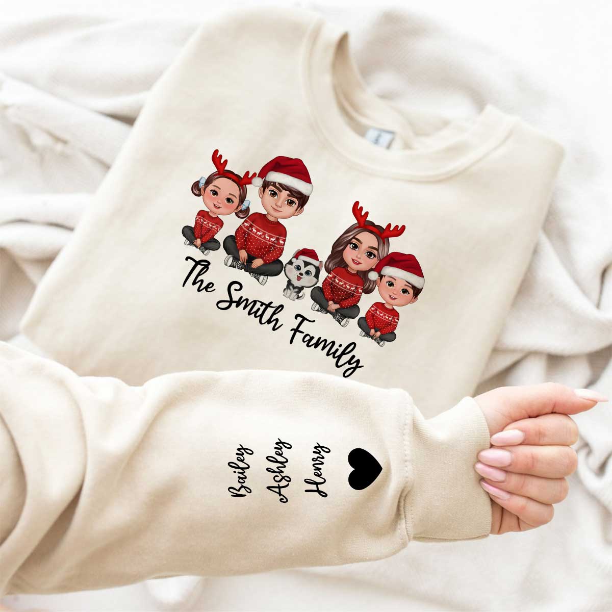 Doll Family Sitting Christmas Personalized Sleeve Printed Sweatshirt - Image 5