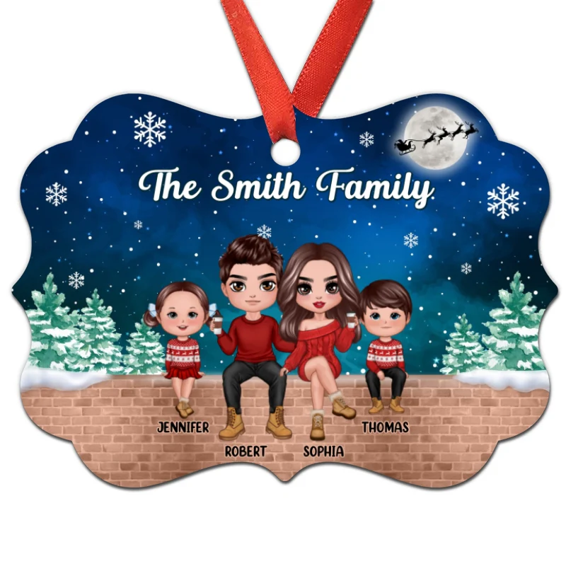 Doll Family Sitting In Snow Background Personaized Christmas Ornament - Image 3