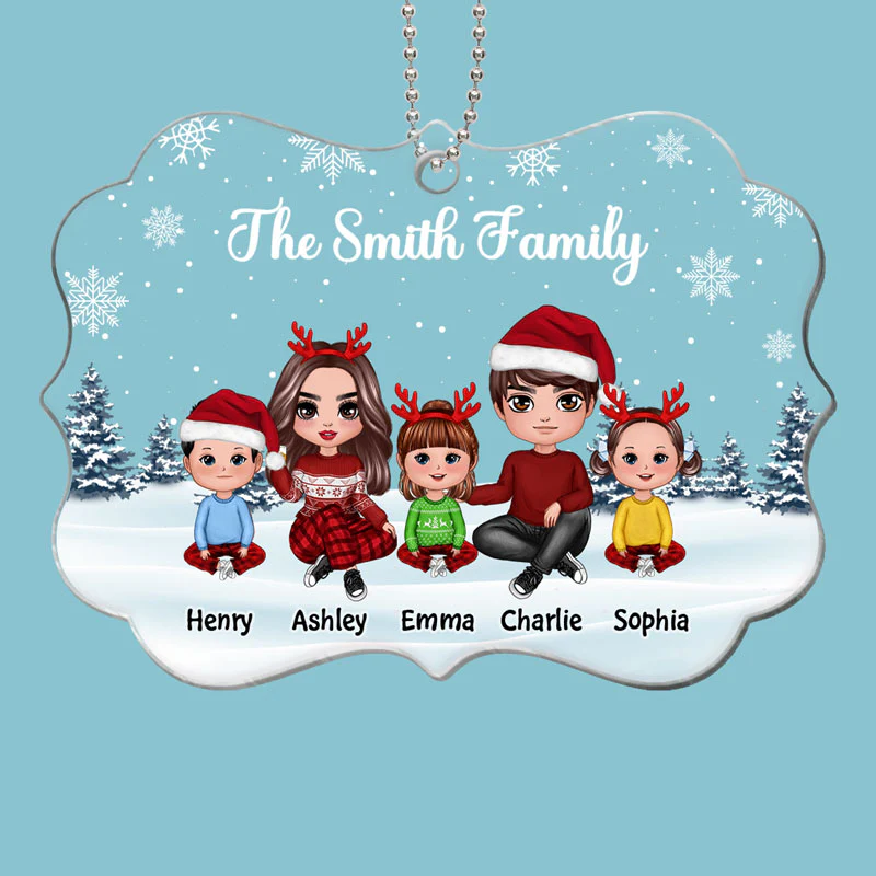 Doll Family Sitting In Snow Personalized Acrylic Ornament - Image 2