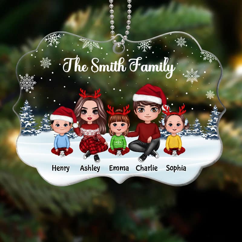 Doll Family Sitting In Snow Personalized Acrylic Ornament - Image 3
