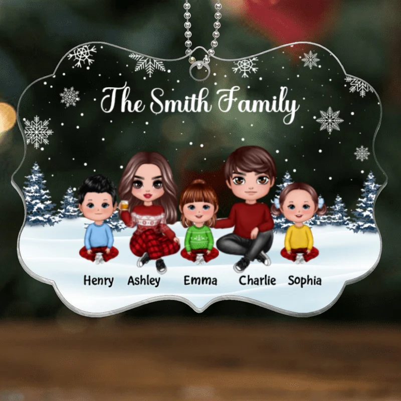Doll Family Sitting In Snow Personalized Acrylic Ornament - Image 4