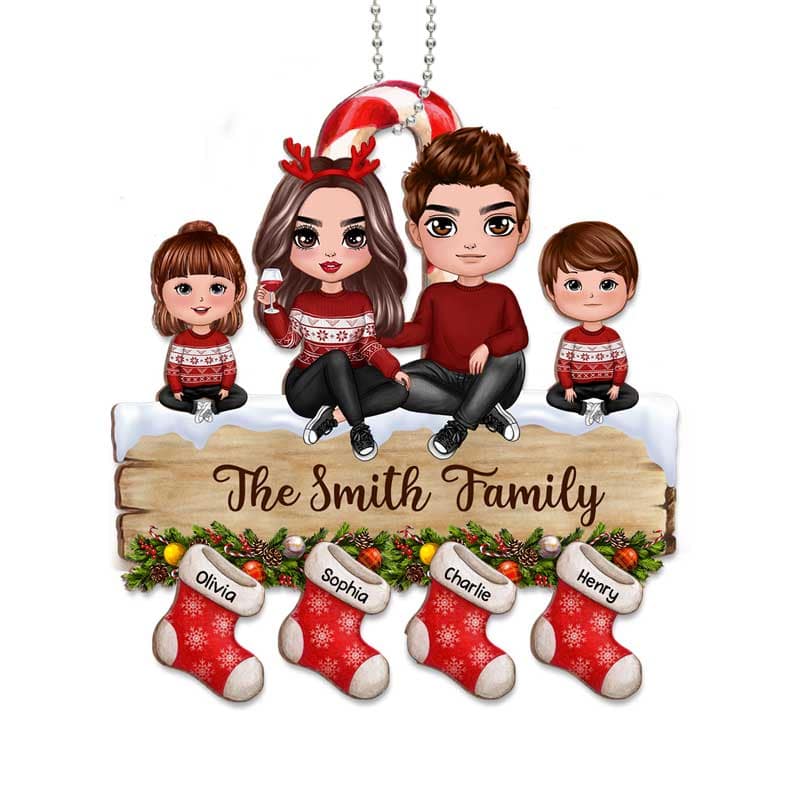 Doll Family Sitting On Palette Stocking Personalized Wooden Ornament