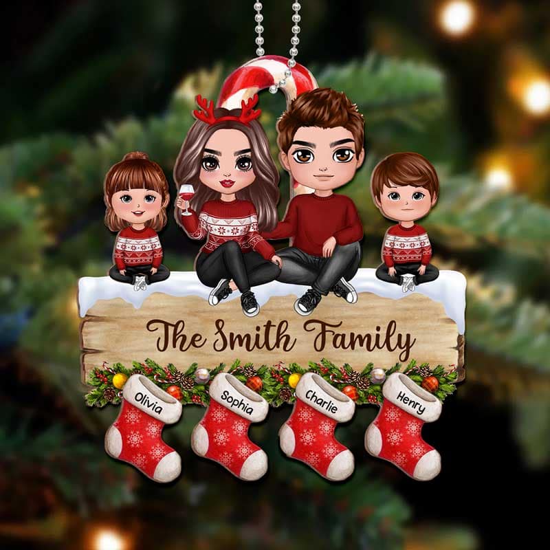 Doll Family Sitting On Palette Stocking Personalized Wooden Ornament - Image 2