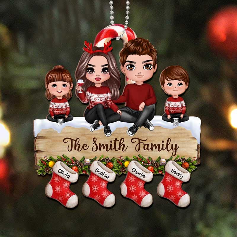 Doll Family Sitting On Palette Stocking Personalized Wooden Ornament - Image 3