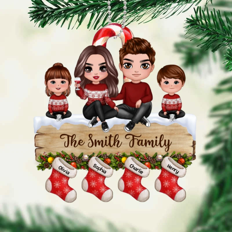 Doll Family Sitting On Palette Stocking Personalized Wooden Ornament - Image 4