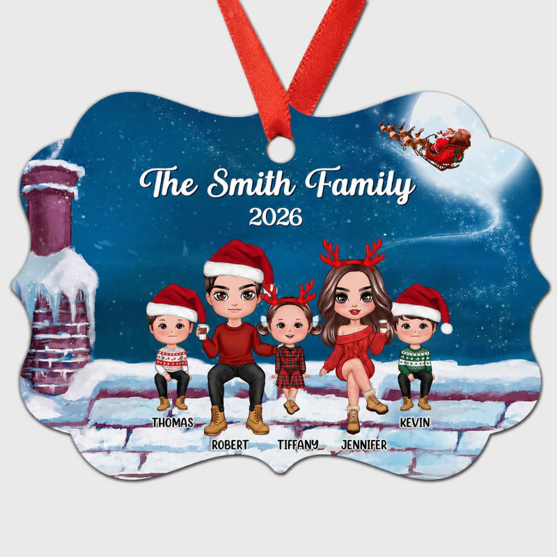 Doll Family Sitting On Rooftop Personalized Christmas Ornament