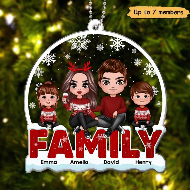 Doll Family Sitting On Text Snow Background Personalized Acrylic Ornament - Image 3