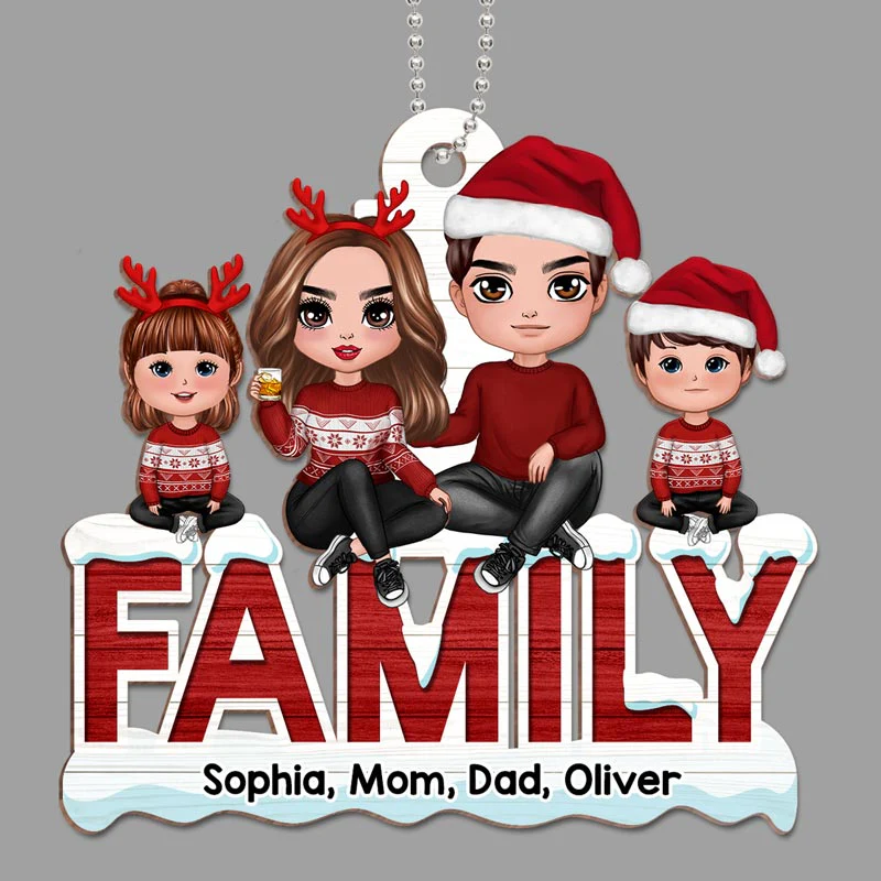 Doll Family Sitting On Word Personalized Wooden Ornament