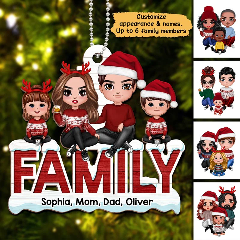 Doll Family Sitting On Word Personalized Wooden Ornament - Image 2