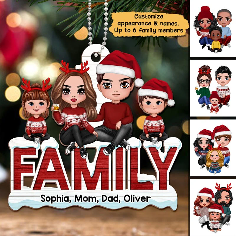 Doll Family Sitting On Word Personalized Wooden Ornament - Image 3
