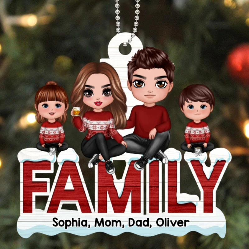 Doll Family Sitting On Word Personalized Wooden Ornament - Image 4