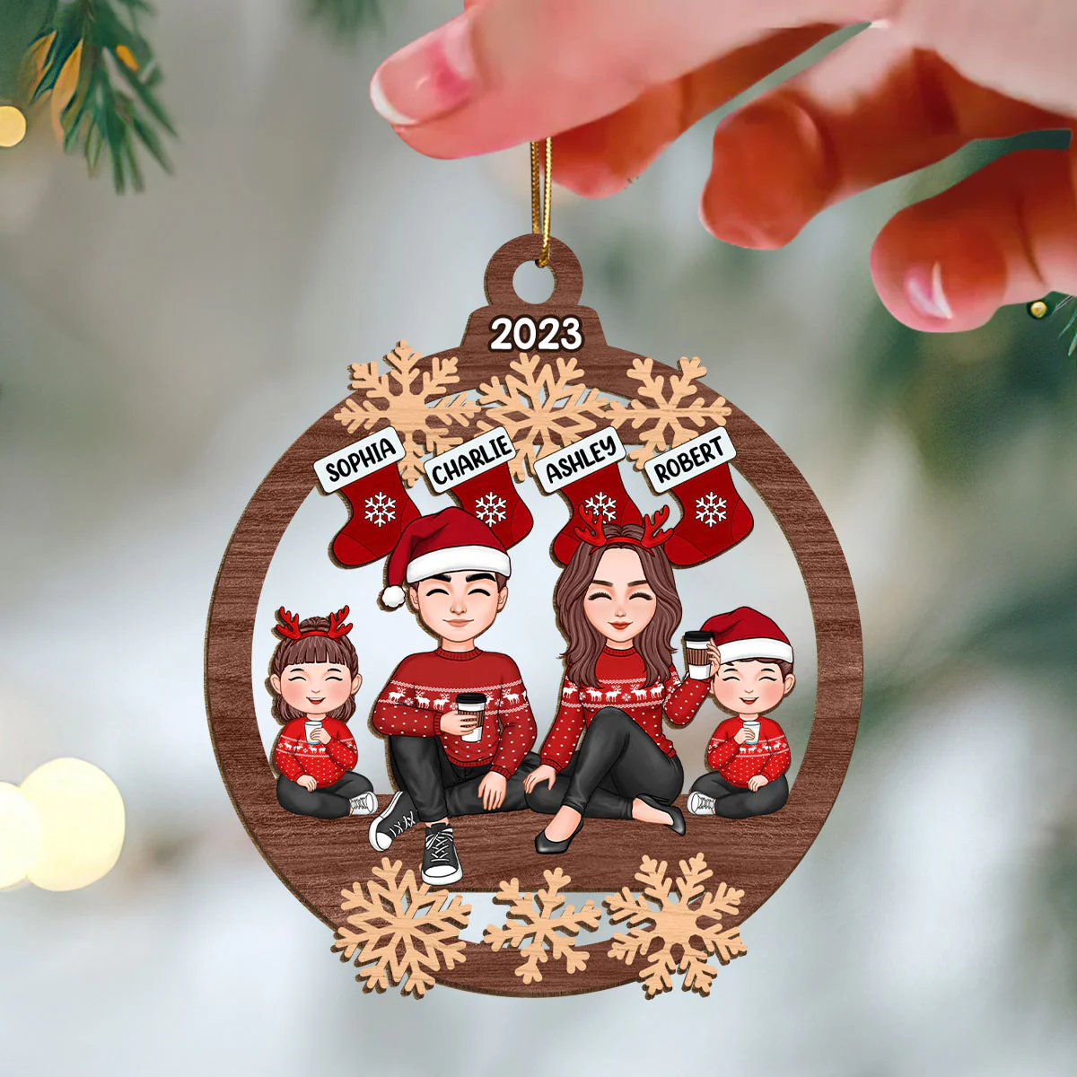 Doll Family Sitting Under Christmas Stocking Personalized Wooden Ornament - Image 3
