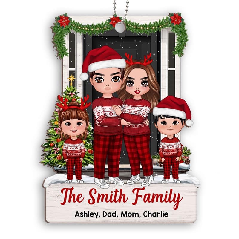 Doll Family Standing At Front Door Christmas Personalized Wooden Ornament
