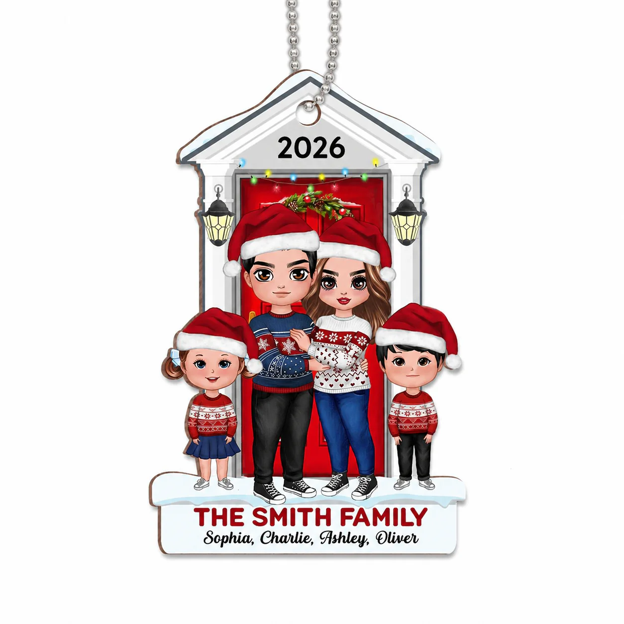 Doll Family Standing On The Front Porch Christmas Personalized Wooden Ornament