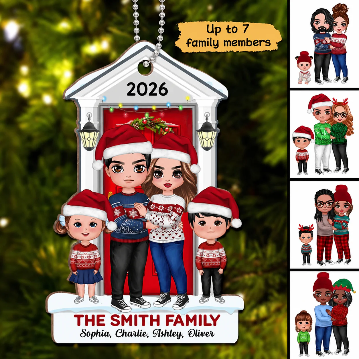 Doll Family Standing On The Front Porch Christmas Personalized Wooden Ornament - Image 2