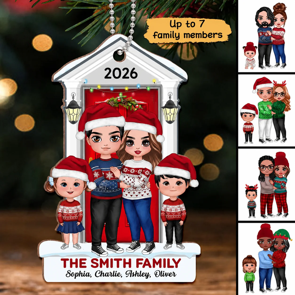 Doll Family Standing On The Front Porch Christmas Personalized Wooden Ornament - Image 3