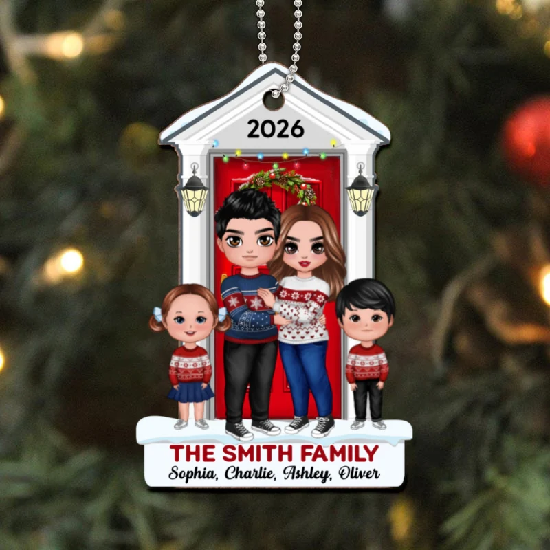 Doll Family Standing On The Front Porch Christmas Personalized Wooden Ornament - Image 4
