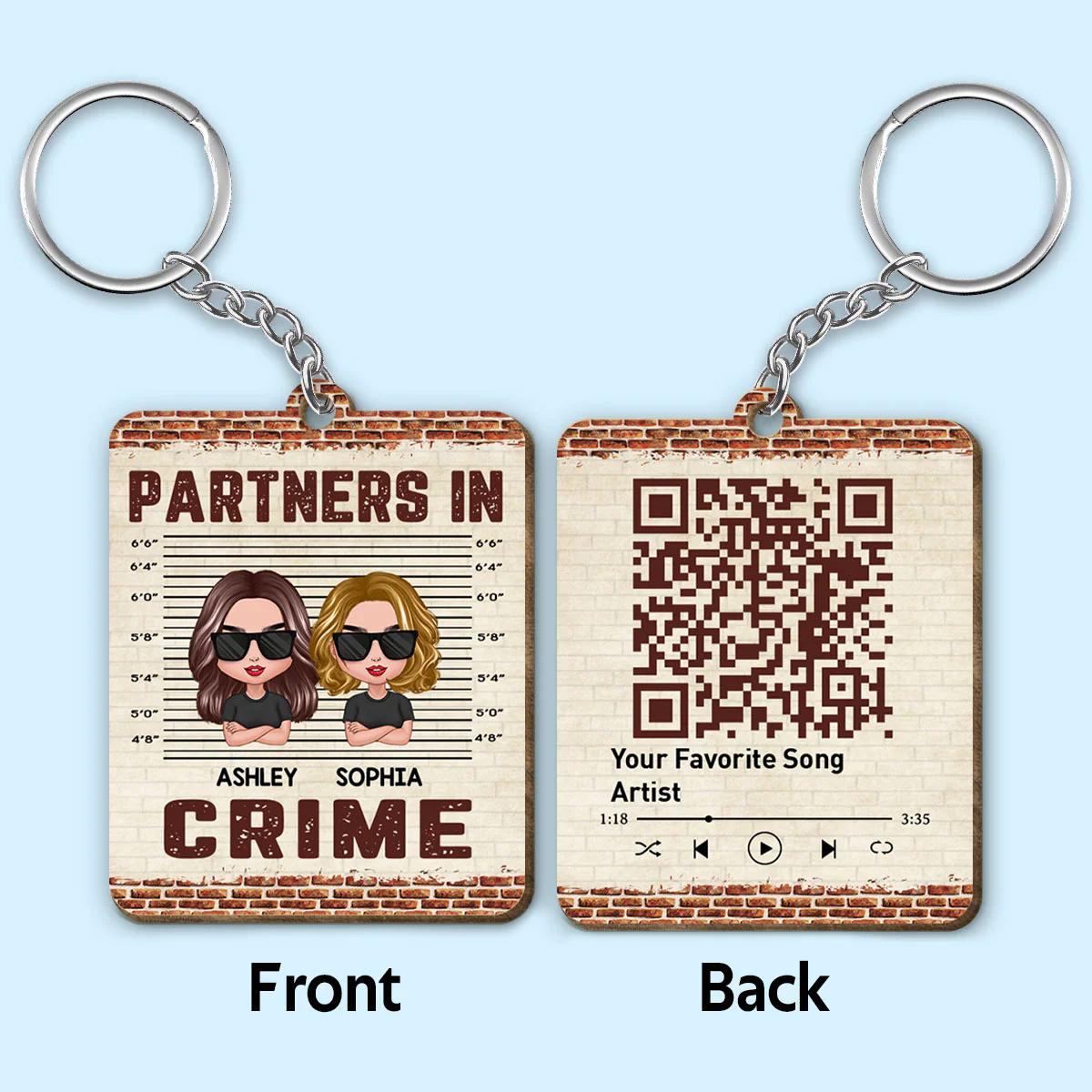 Doll Friends Besties Sisters Brothers Siblings Partners In Crime Favorite Song Scannable QR Code Personalized Wooden Keychain