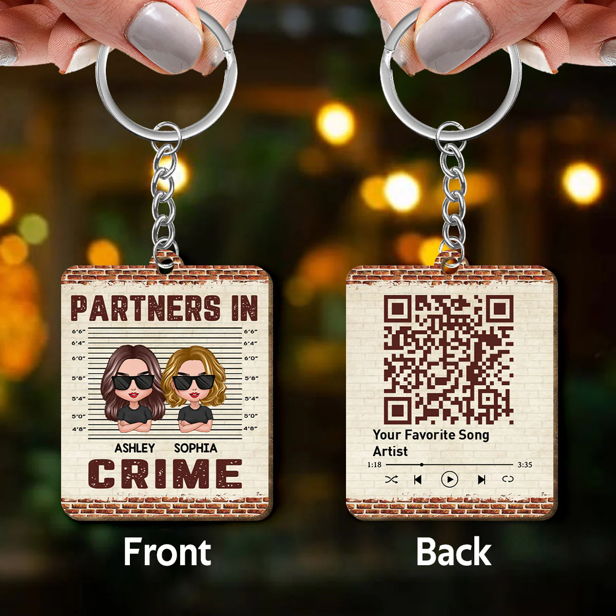 Doll Friends Besties Sisters Brothers Siblings Partners In Crime Favorite Song Scannable QR Code Personalized Wooden Keychain - Image 3