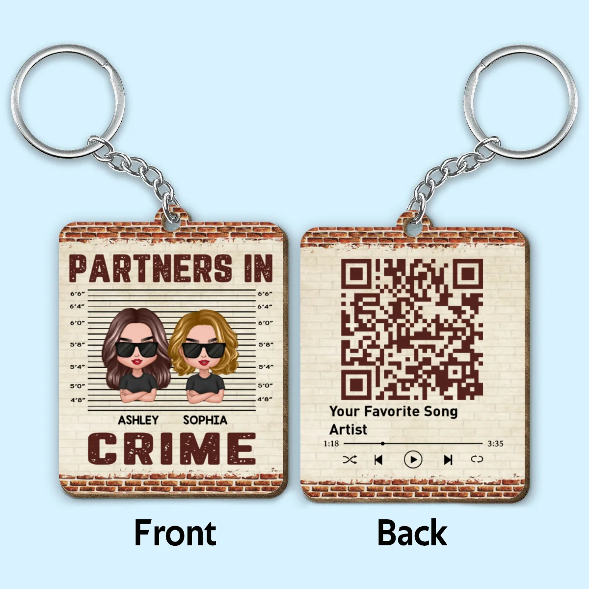 Doll Friends Besties Sisters Brothers Siblings Partners In Crime Favorite Song Scannable QR Code Personalized Wooden Keychain - Image 4