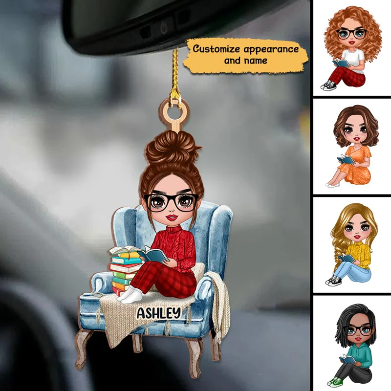 Doll Girl Reading Book Gift For Book Lover Personalized Wooden Ornament - Image 2