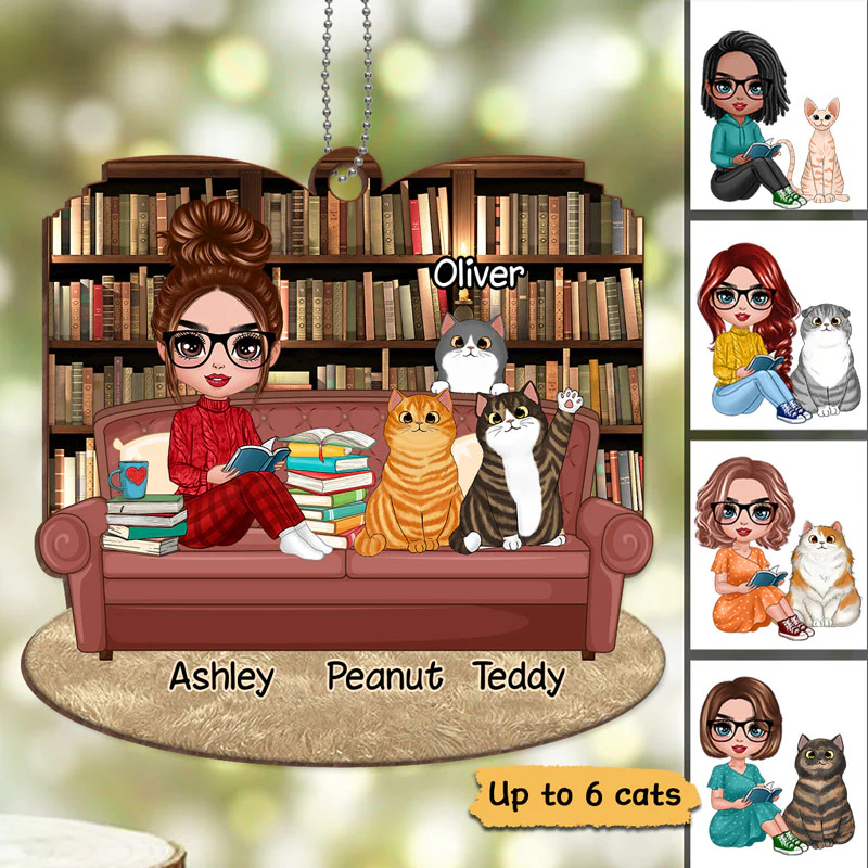 Doll Girl Reading Book With Cats Personalized Wooden Ornament