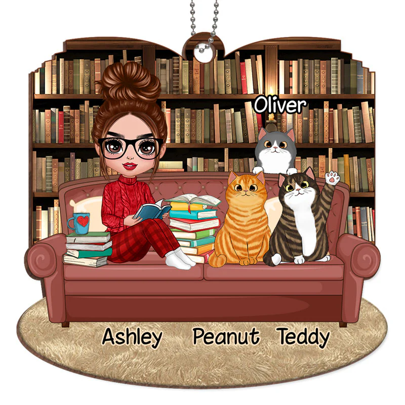 Doll Girl Reading Book With Cats Personalized Wooden Ornament - Image 2