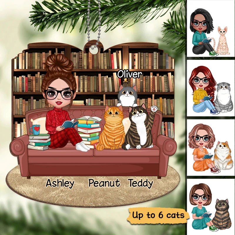 Doll Girl Reading Book With Cats Personalized Wooden Ornament - Image 3