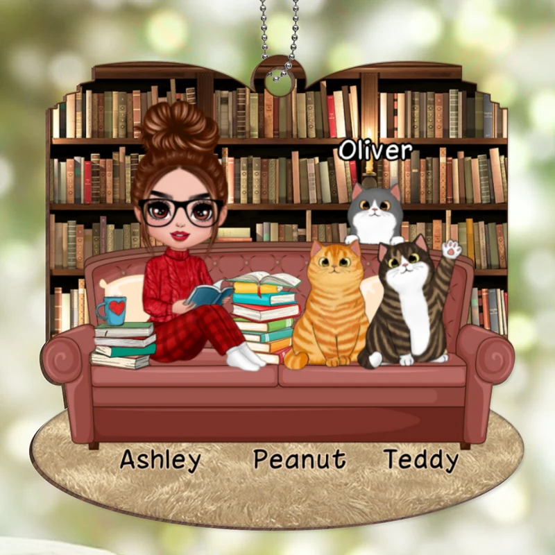 Doll Girl Reading Book With Cats Personalized Wooden Ornament - Image 4
