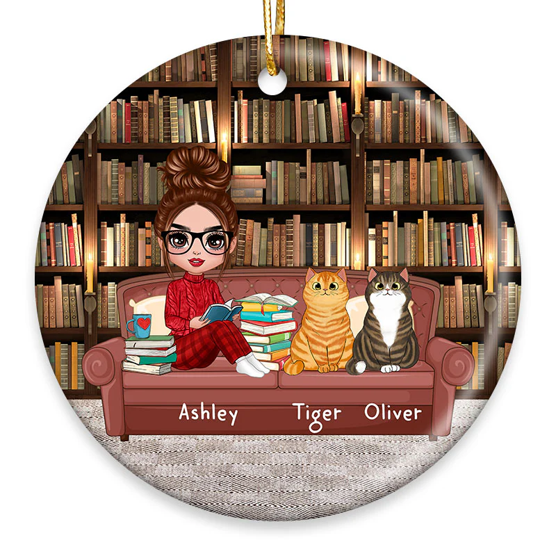 Doll Girl Reading Books And Cats On Sofa Personalized Circle Ornament