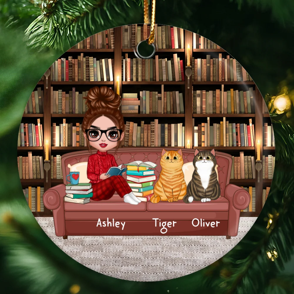 Doll Girl Reading Books And Cats On Sofa Personalized Circle Ornament - Image 4