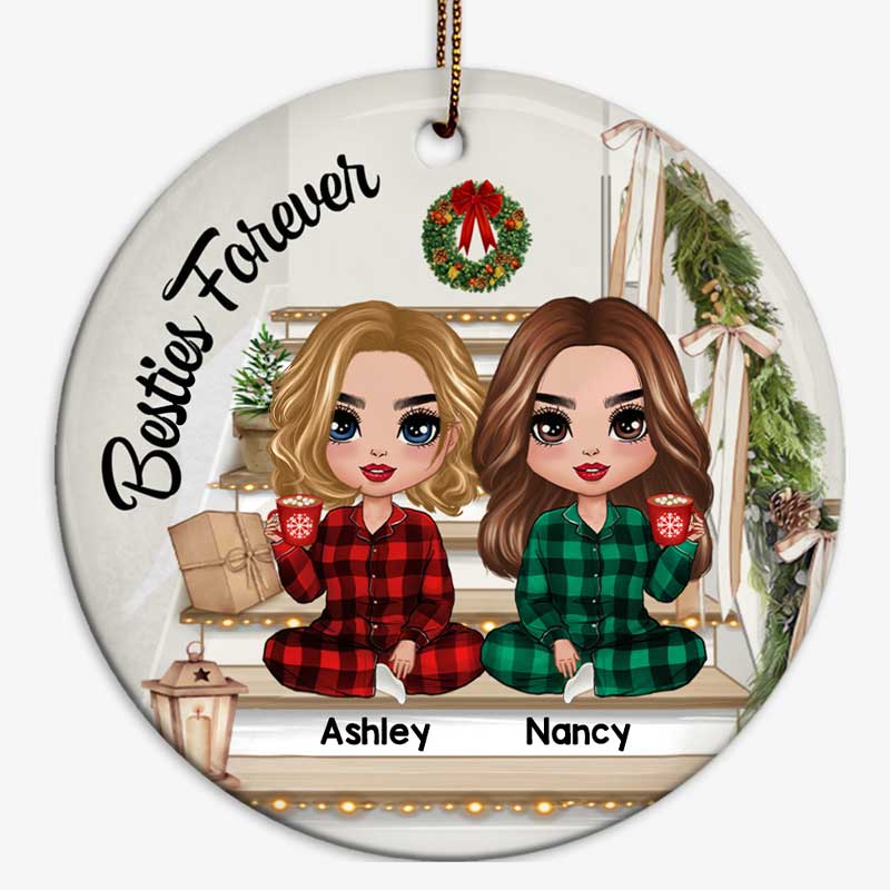 Doll Girls Besties Sisters On Christmas Stair Personalized Circle Ornament