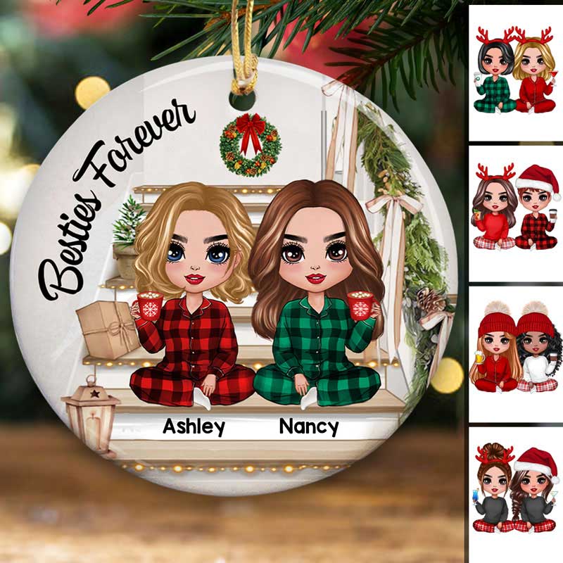 Doll Girls Besties Sisters On Christmas Stair Personalized Circle Ornament - Image 2