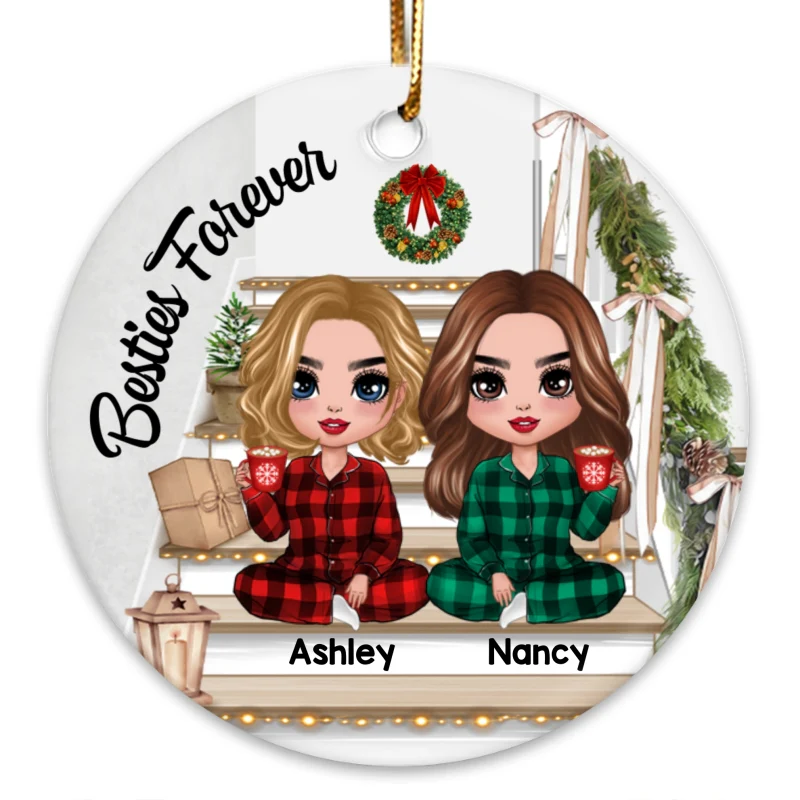 Doll Girls Besties Sisters On Christmas Stair Personalized Circle Ornament - Image 3