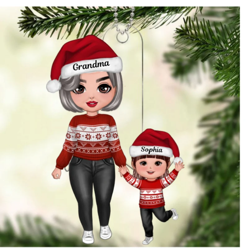 Doll Grandma And Granddaughter Grandson Walking Christmas Personalized Acrylic Ornament - Image 5