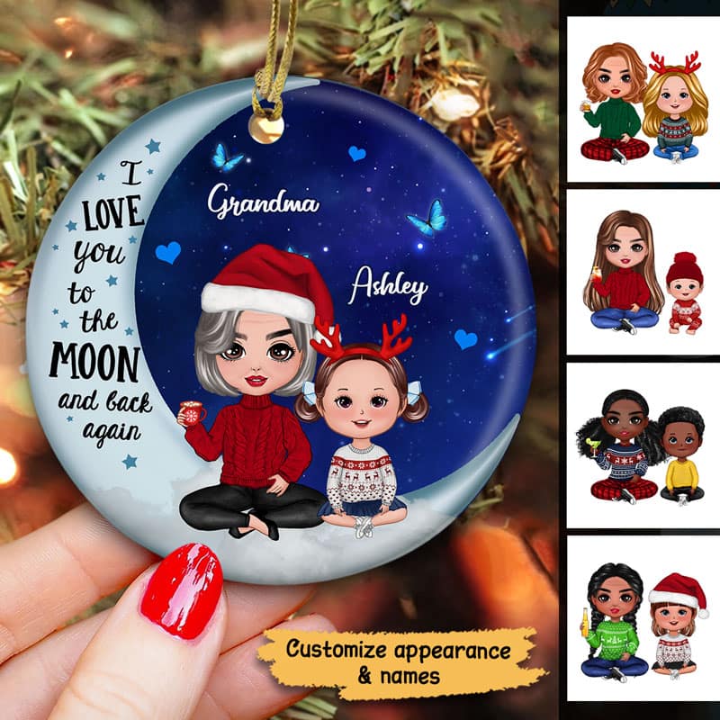 Doll Grandma & Grandkid On Blue Moon Personalized Circle Ornament - Image 2