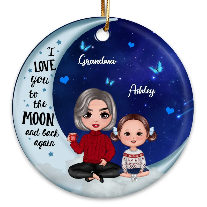 Doll Grandma & Grandkid On Blue Moon Personalized Circle Ornament - Image 3