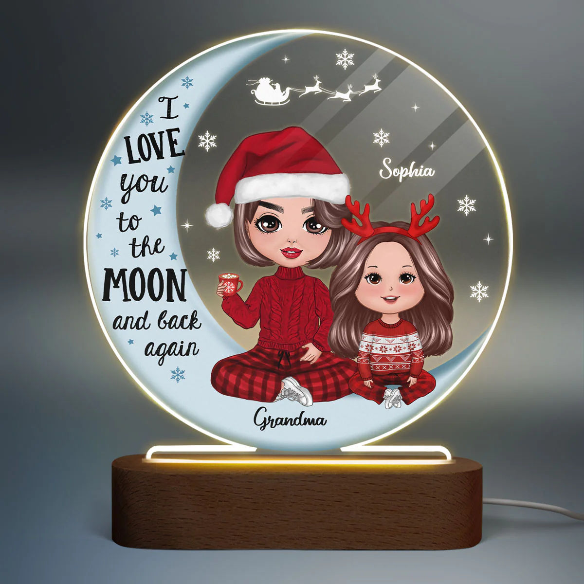 Doll Grandma & Grandkid On Moon Christmas Gift Personalized Circle Acrylic Plaque With LED Night Light - Image 2