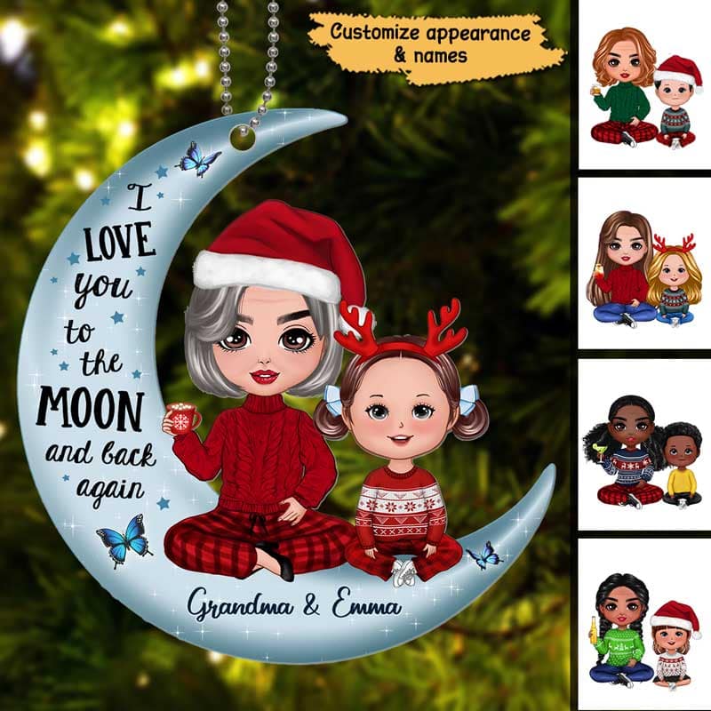 Doll Grandma & Grandkid On Moon - Personalized Ornament - Christmas Gift - Image 3