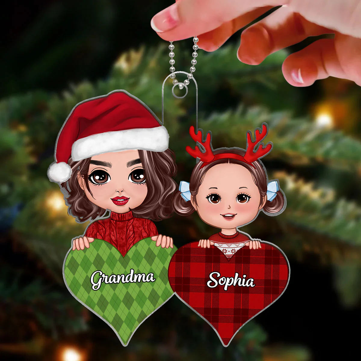 Doll Grandma & Grandkid Peeking On Pattern Heart Christmas Gift For Grandson Granddaughter Personalized Acrylic Ornament - Image 3