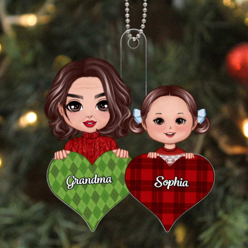 Doll Grandma & Grandkid Peeking On Pattern Heart Christmas Gift For Grandson Granddaughter Personalized Acrylic Ornament - Image 5