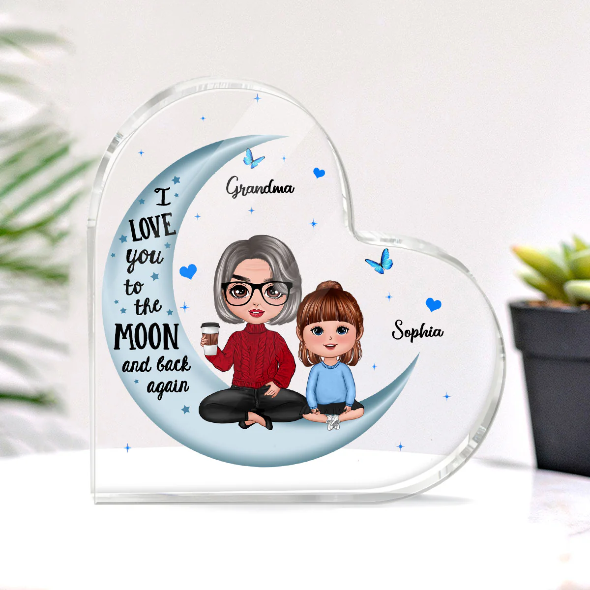 Doll Grandma Grandkids Blue Moon Personalized Acrylic Heart Plaque