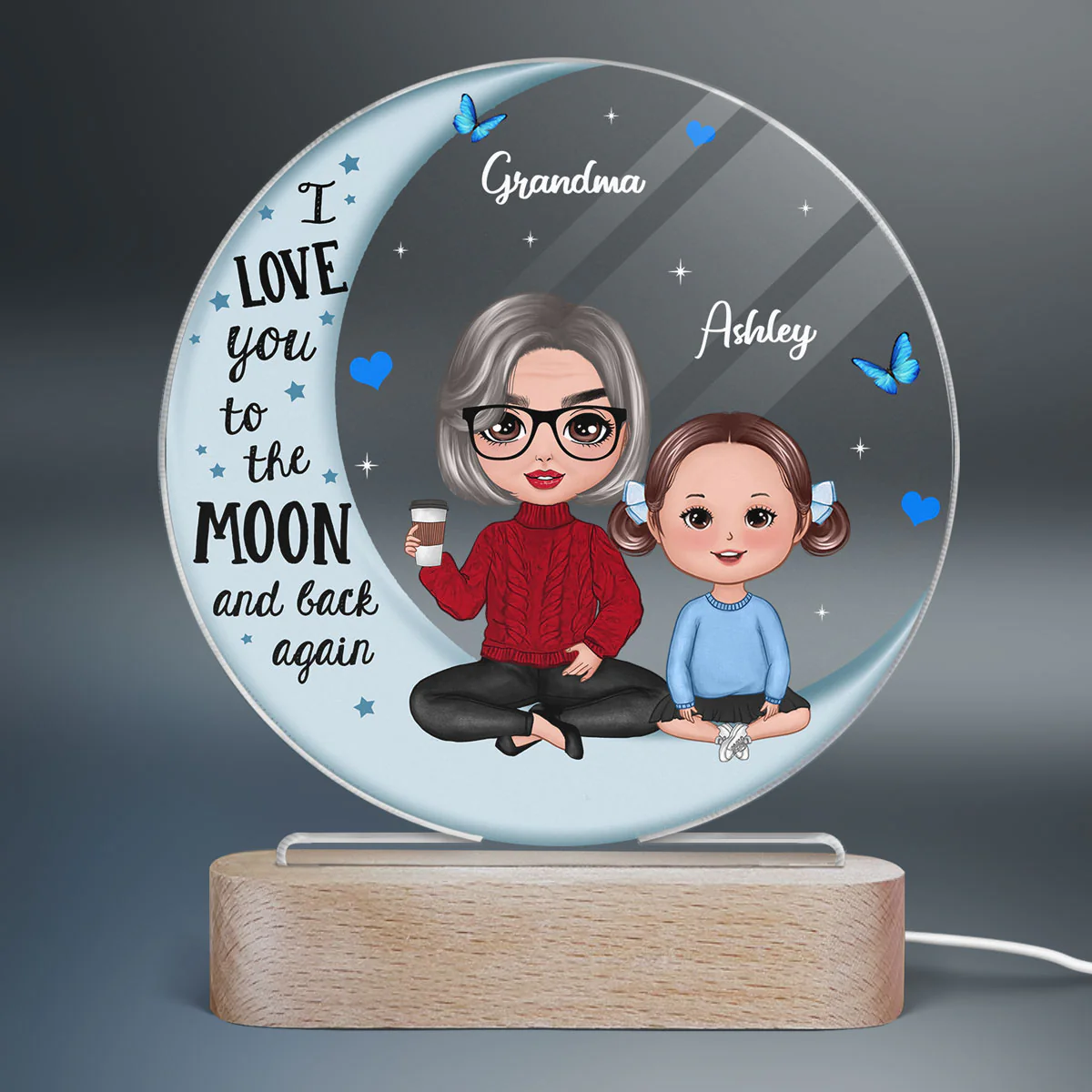 Doll Grandma Grandkids Blue Moon Personalized Circle LED Night Light Acrylic LED Lamp - Image 2
