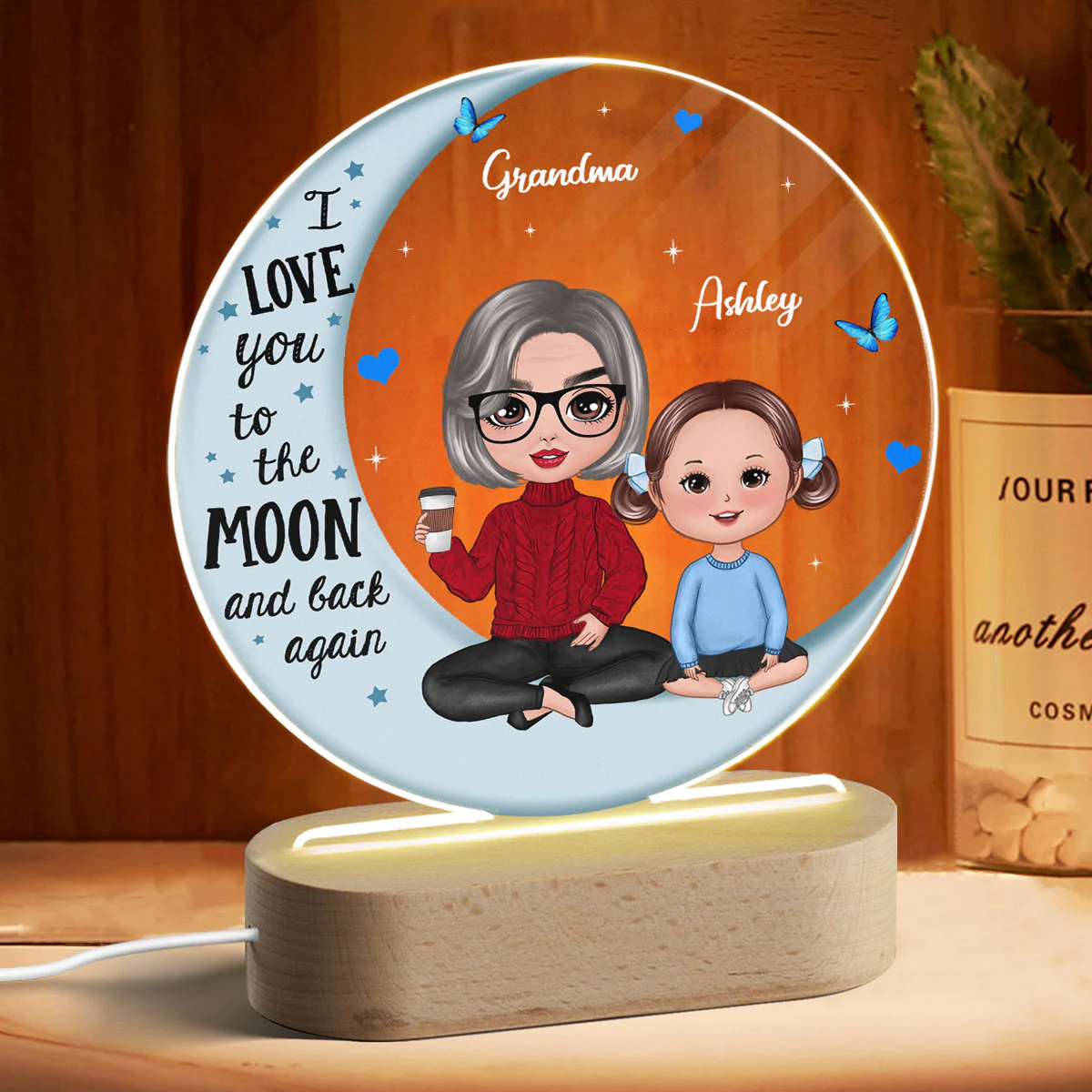 Doll Grandma Grandkids Blue Moon Personalized Circle LED Night Light Acrylic LED Lamp - Image 3