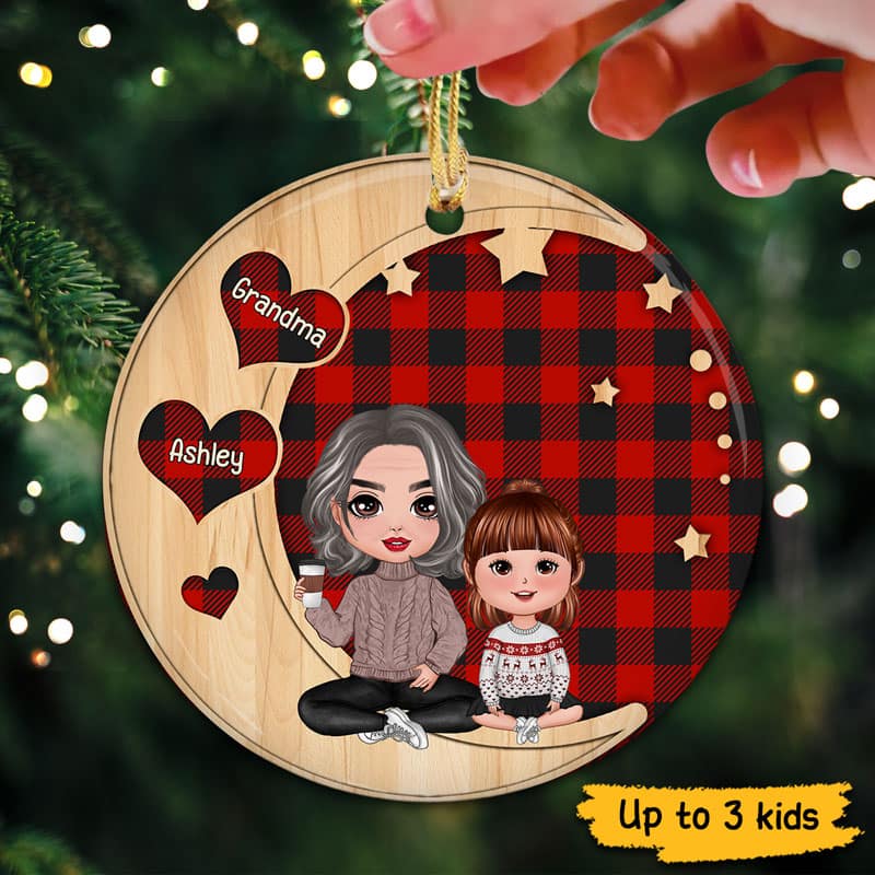 Doll Grandma Grandkids Checkered Hearts Personalized Ornament - Image 2