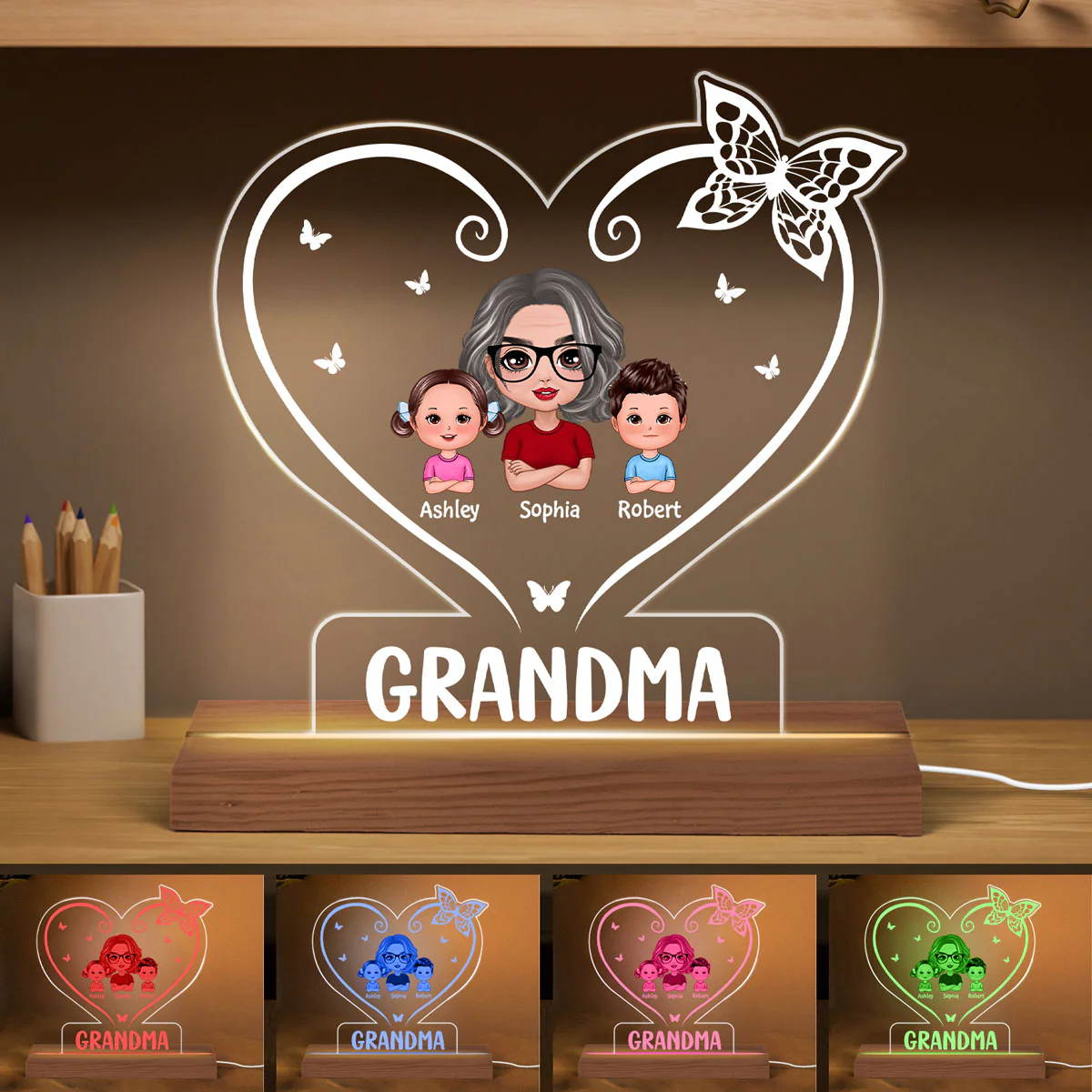 Doll Grandma Grandkids Heart Butterfly Personalized Custom Shape LED Night Light